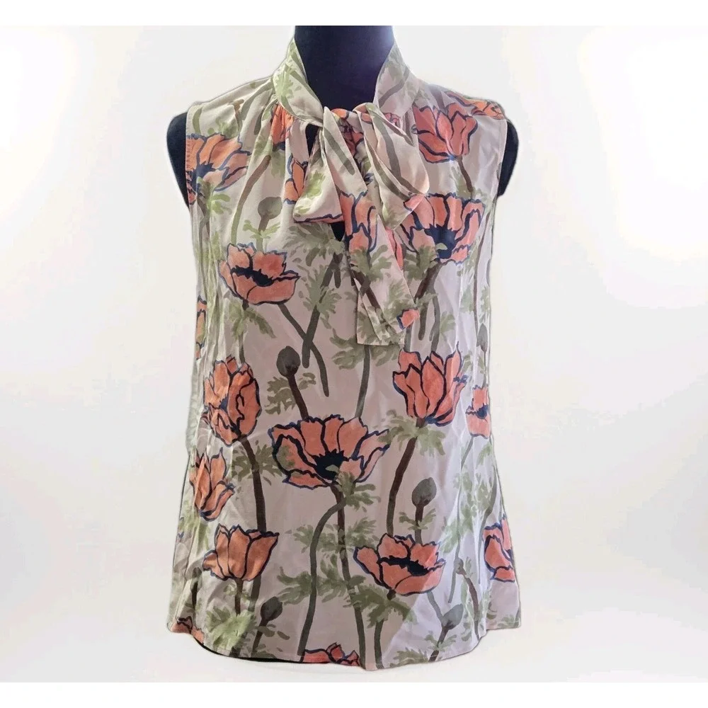 Tory Burch‎ Silk Floral Tie Neck Blouse Size 0 Sleeveless Poppy Print